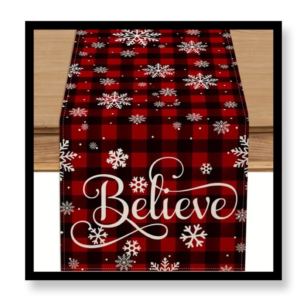 (New in package)Festive Red Plaid Table Runner with Snowflakes